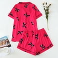 thumbnail image 4 of Women‘s Bow Print Loungewear Set | Satin Collared Top & Shorts Pajama Set | Short Sleeve Sleepwear for Home & Casual Outings(Red,S), 4 of 4