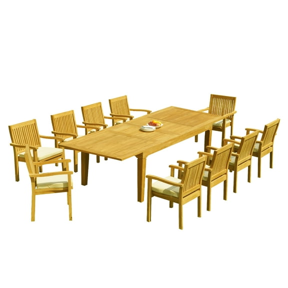 Grade-A Teak Dining Set: 10 Seater 11 Pc: 122" Caranas Rectangle Table And 10 Leveb Stacking Arm Chairs Outdoor Patio WholesaleTeak #51LV2911