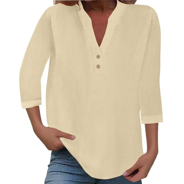 Women Fashion V Neck Point Sleeve Button Casual Comfortable Top