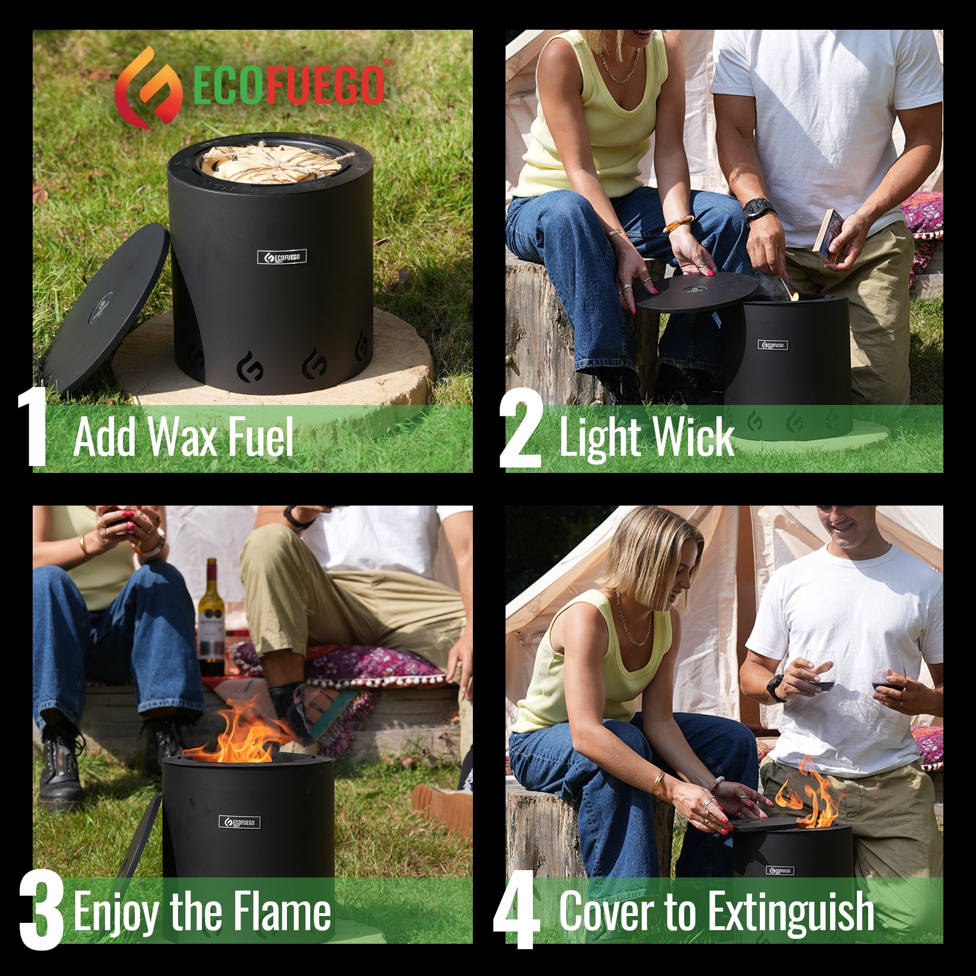 El Campo Portable Wax-Burning Fire Pit – Clean-Burning, No-Wood Fuel with 8-Hour Wax Refill – Compact and Durable – Matte Black