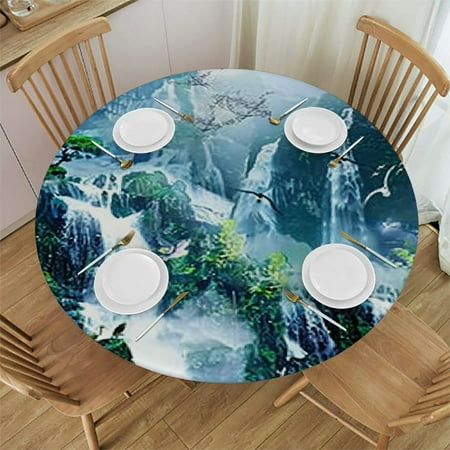 

Sheronv Waterfall Birds Nature Round Table Cover Stain Resistant Washable for Indoor Outdoor Tablecloth Kitchen Dining Wedding Parties 100% Polyester Elastic Edge Tablecloths 31 -35