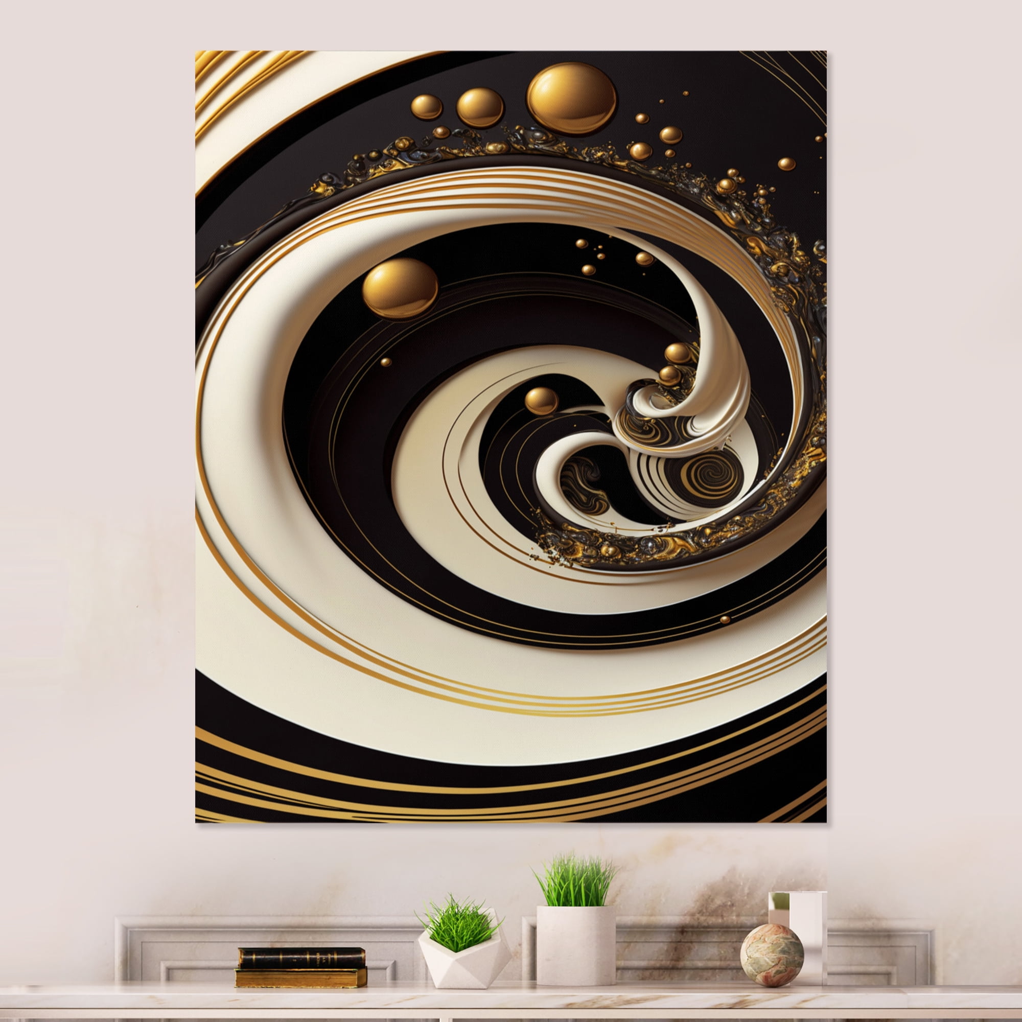 Designart Black, Silver And Gold Blending Swirls VII Canvas Wall Art