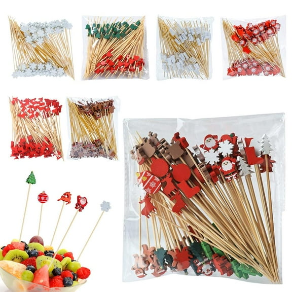 QHUDLV 100PACK Christmas Cocktail Picks,Merry Christmas Food Appetizer Skewer Toothpicks,Vintage Xmas Decoration Toothpicks Themed