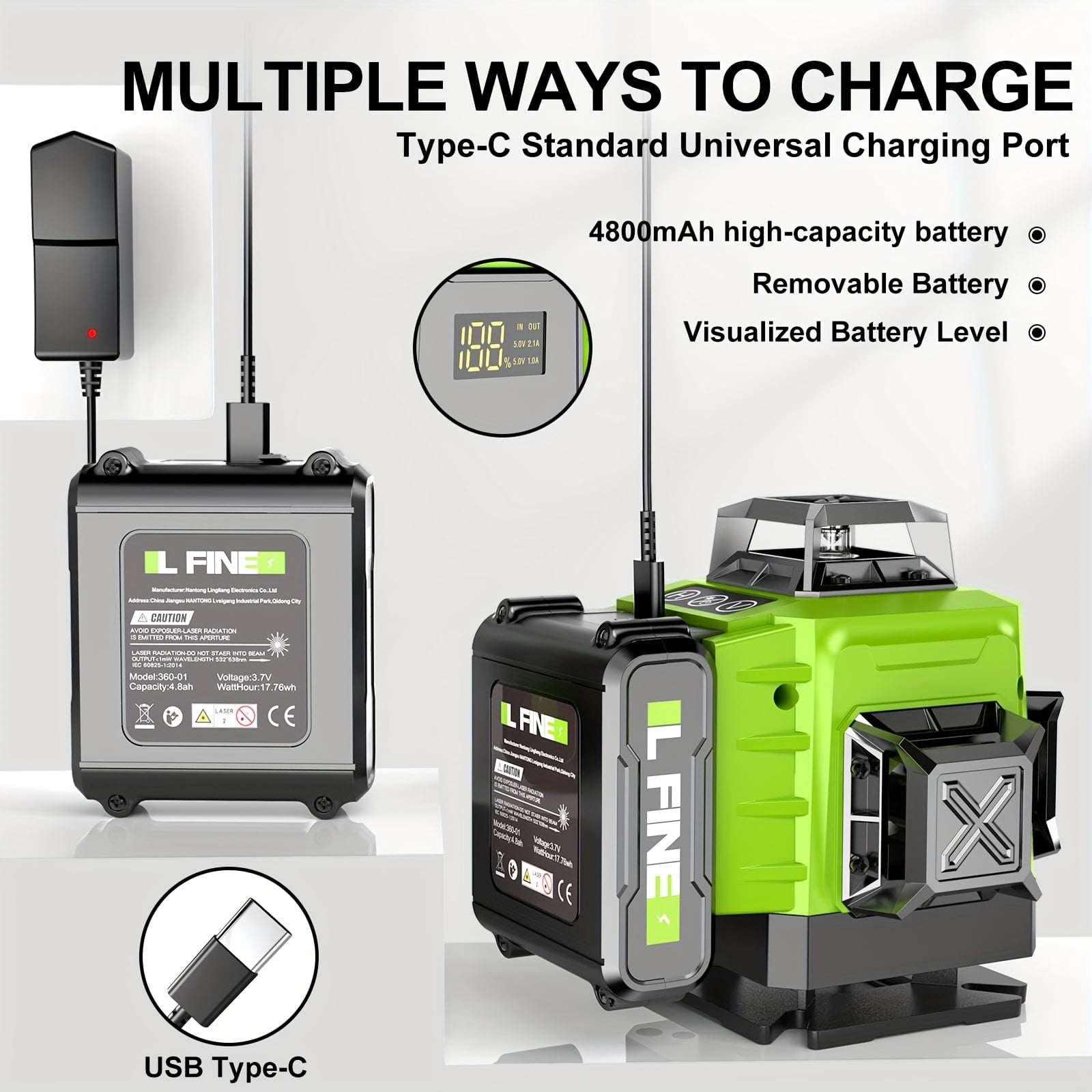 LFINE Laser Level Kit: 360self-leveling with tripod. Features4x360°cross-line laser for floor tile,wall,and construction/renovation,Includes 2x4800mAh batteries.