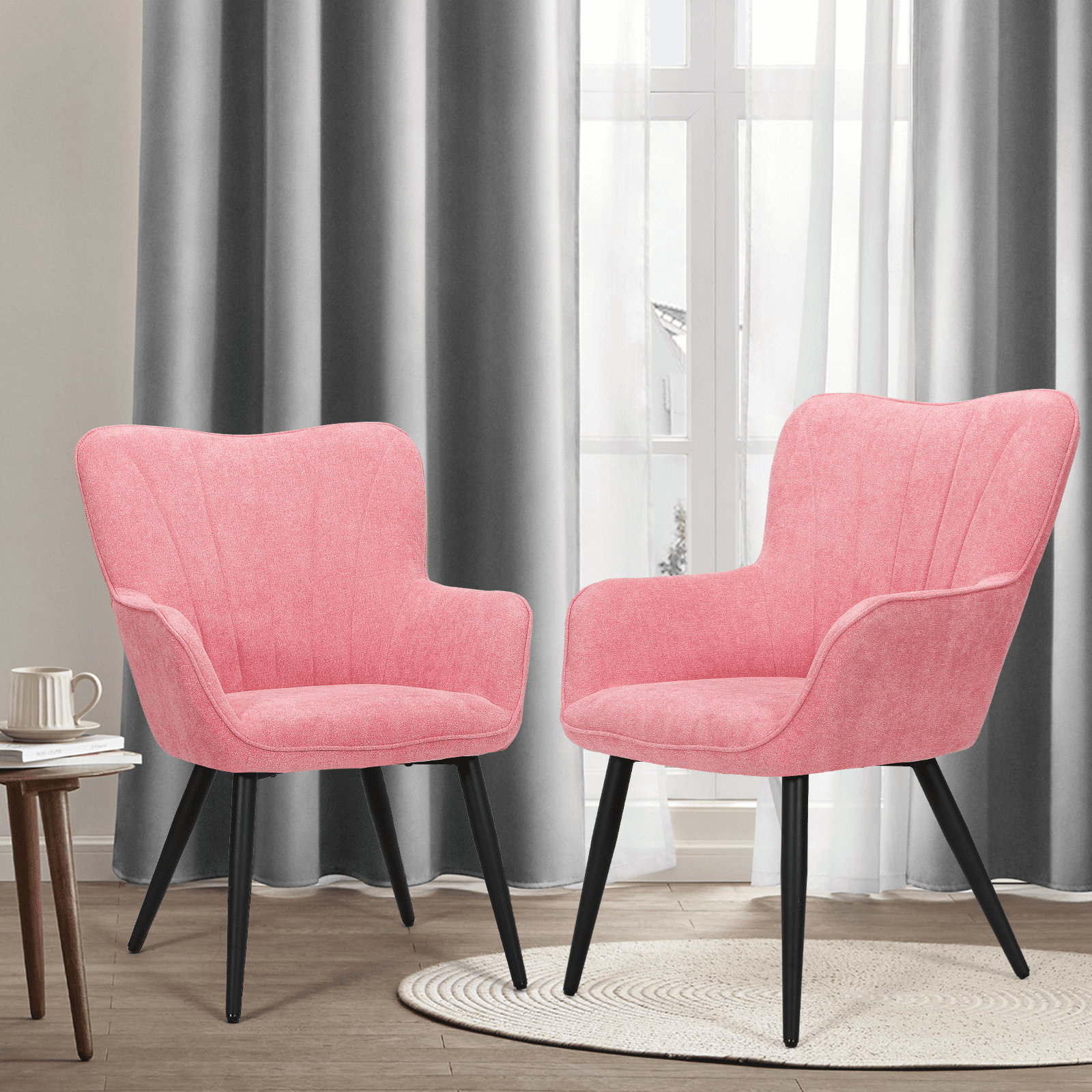 MoNiBloom Upholstered Accent Chair Set of 2, Armchair with Metal Leg, Shell Shape Cotton-linen Single Sofa Chair, for Living Room Bedroom, Soft Pink