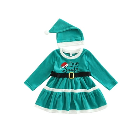 

Licupiee Toddler Girls Christmas Dress Casual Crew Neck Letter Print Long Sleeves Dress with Belt and Santa Hat