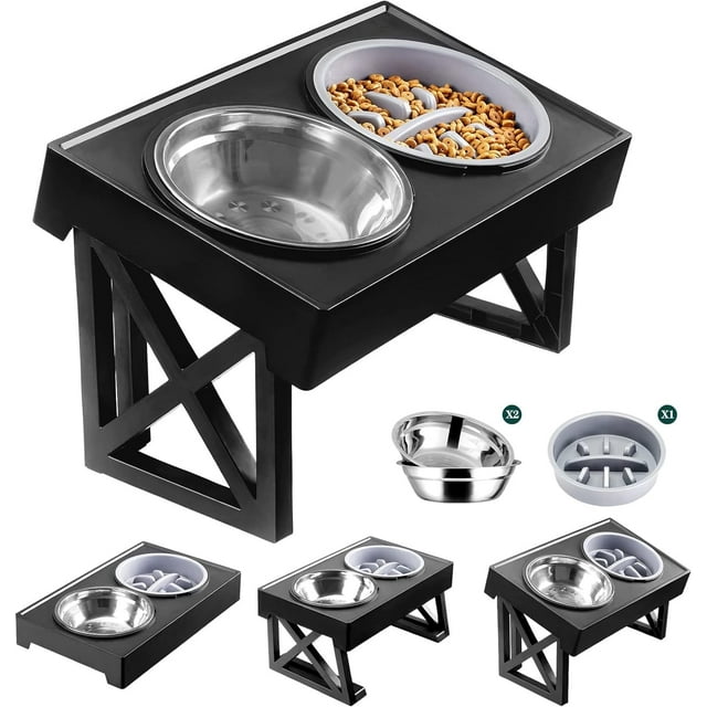 Soporte para cuencos de perro para perros pequeños, medianos y grandes, con 3 alturas ajustables, cuencos elevados para perros con comedero lento y 2 cuencos de acero inoxidable para comida