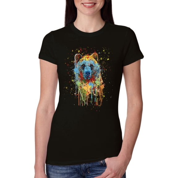 Bear Painting Splatter Abstract Art Animal Lover Womens Slim Fit Junior Tee, Black, Small
