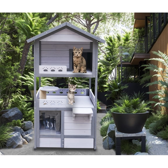 MIDOQIN 3-Story Outdoor Cat House, Weatherproof Outside Feral Cat Shelter for Multiple Cats, Wooden Cat Enclosure