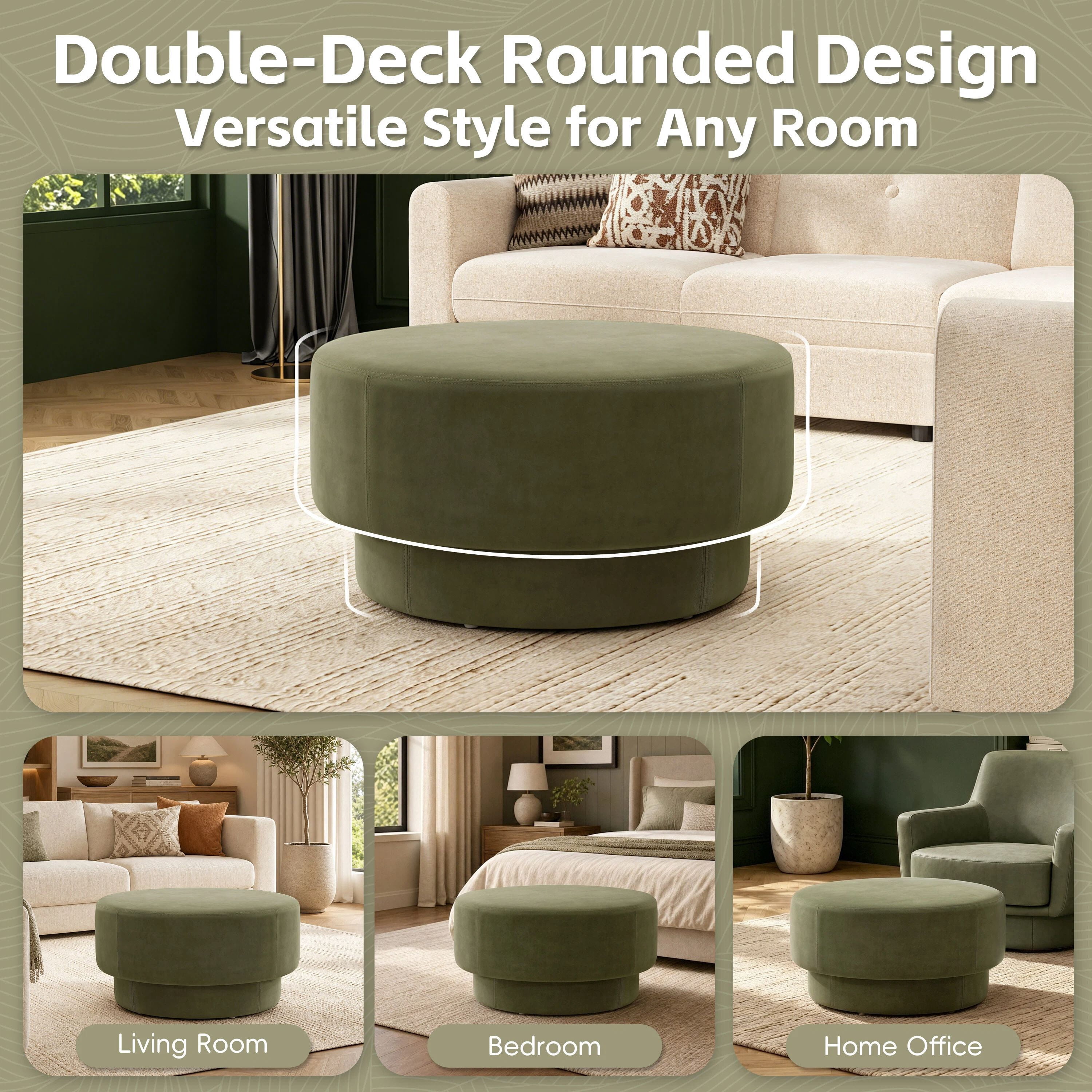 Euroco 33" Round Ottoman Coffee Table, Modern Faux Leather Upholstered Footrest for Living Room,Green