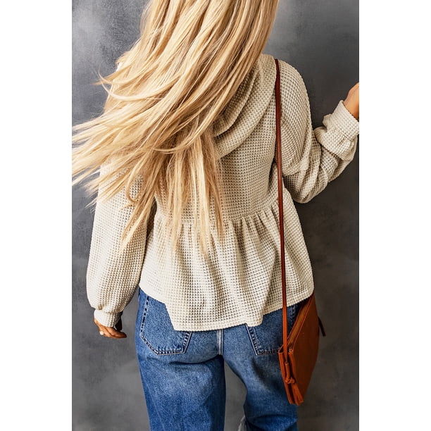ABPHQTO Top de mujer con capucha y volantes en punto gofrado color albaricoque