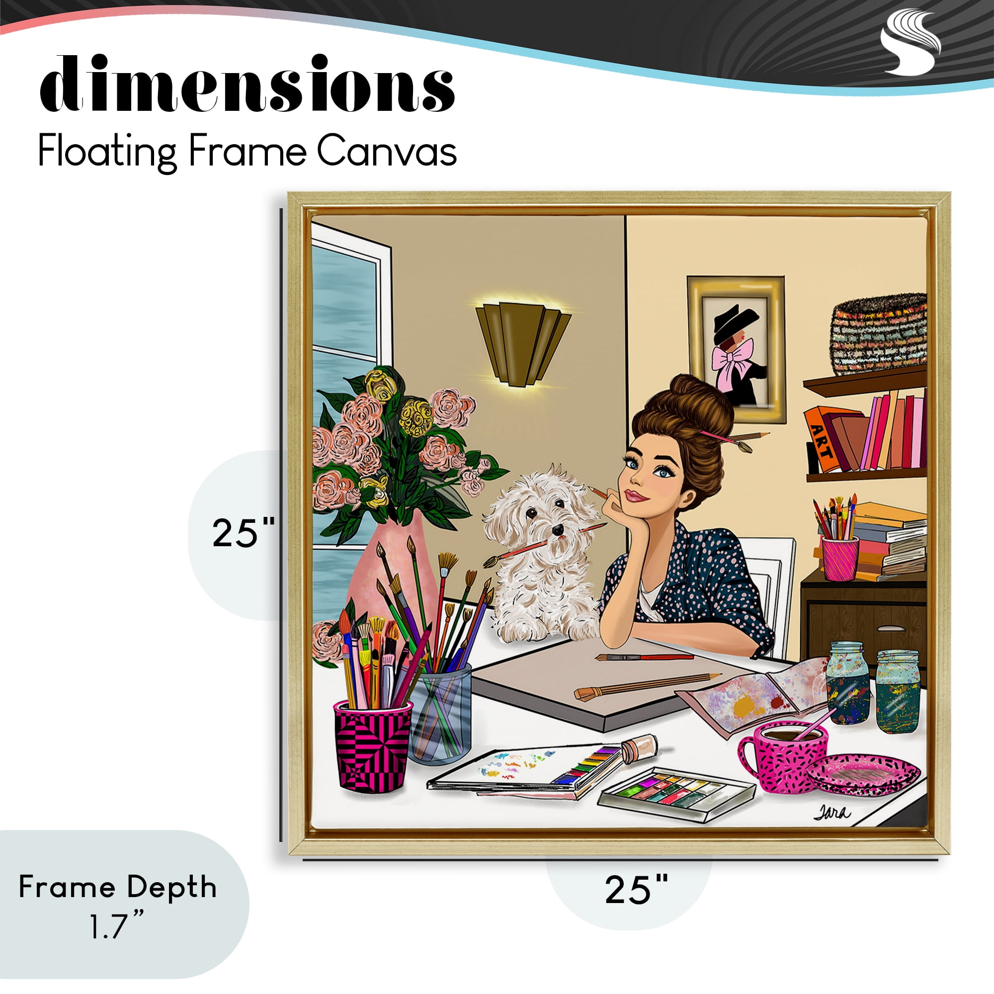 Stupell Industries Creative Art Girl at Desk Gold Framed Floater Canvas Wall Art, design by Tara Boone