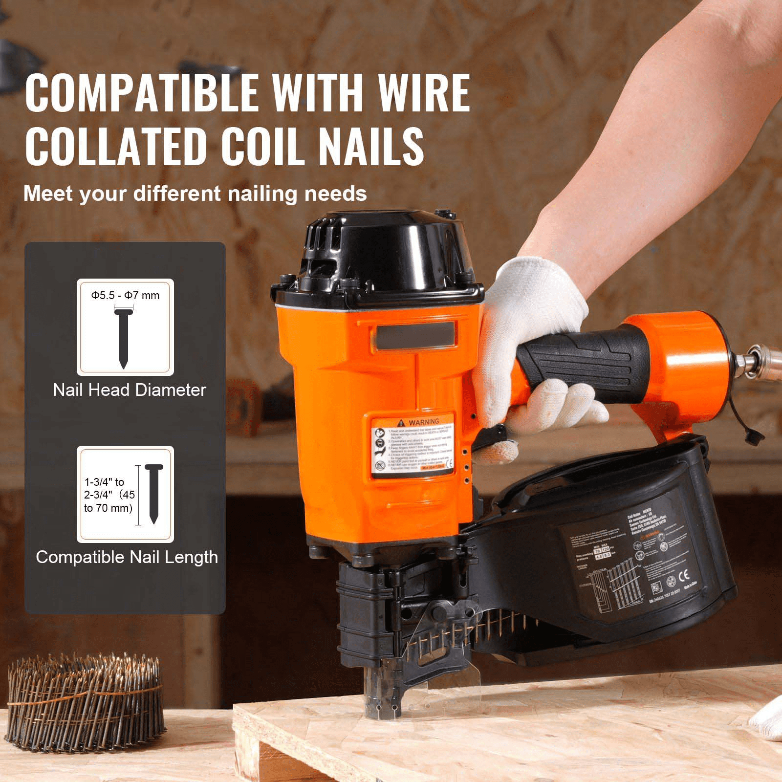 MCN70 Coil Siding Nailer - 15 Degree Pneumatic Nail Gun for Wood Pallets, Fencing, Sheathing - 1-3/4 to 2-3/4 Inch Coil Nails