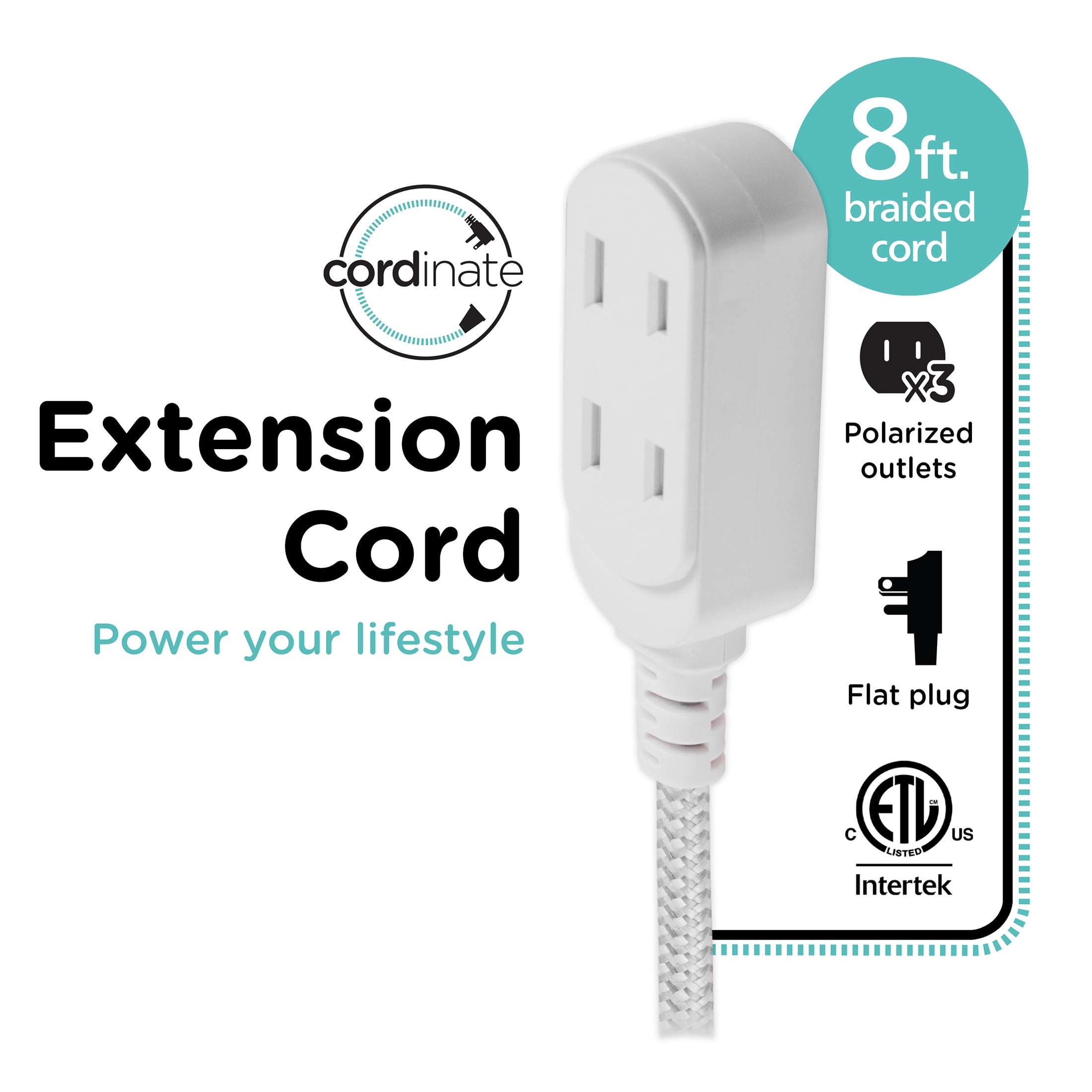 (5 pack) Cordinate Designer Extension Cord, 3-Outlet, White, 8 ft Braided Cord, 15A