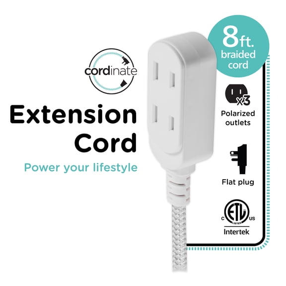 Cordinate 8FT 3-Outlet Indoor Extension Cord, Flat Plug, 2 Prong, Slide-to-Lock Covers, White/Gray
