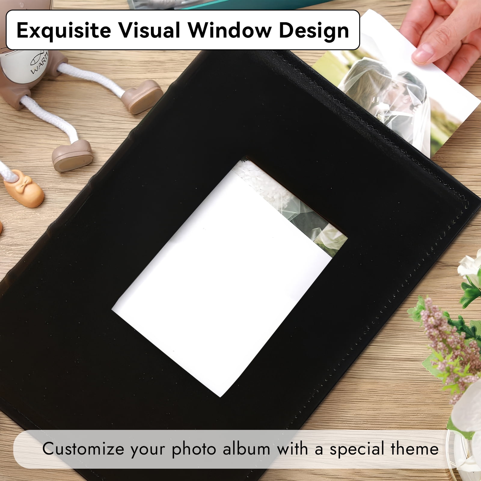 4x6 Photo Album Holds 300 Pictures, Leather Cover with Front Window, Large Capacity Slip-in Picture Albums with Horizontal Pockets for Wedding Kids Travel Anniversary Family Baby Photo Books, Black