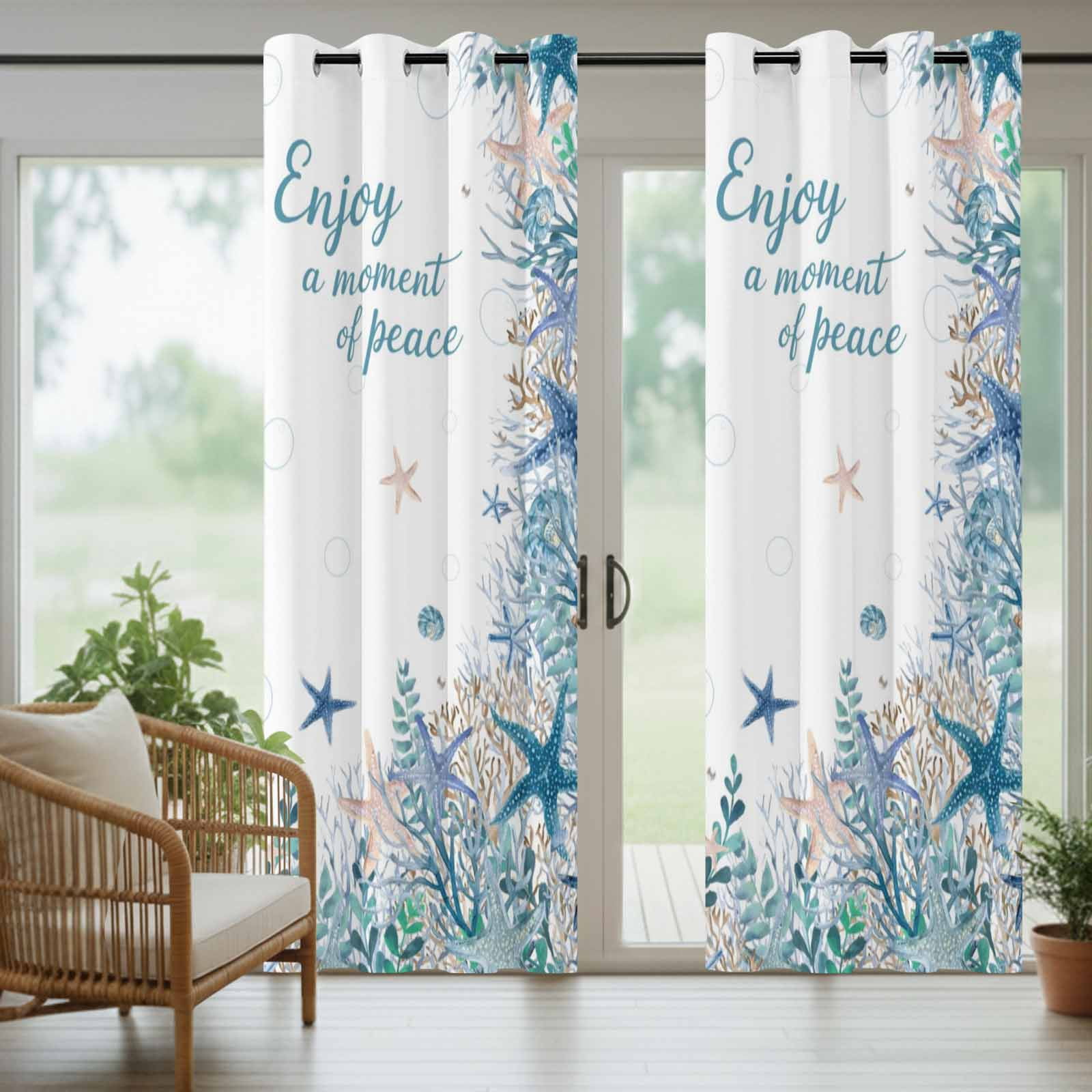 Ocean Life Outdoor Curtains for Patio, Blue Starfish Coral Eucalyptus Leaves Enjoy A Moment F Peace Sunshade Privacy Drapes Grommet Waterproof Outside Curtains for Porch Balcony 54"x108", 1 Panel