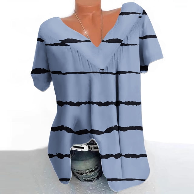 Qucoqpe - Blusa de talla grande para mujer, estilo informal, con estampado de rayas, cuello en V, manga corta, fruncida, para verano, en liquidación