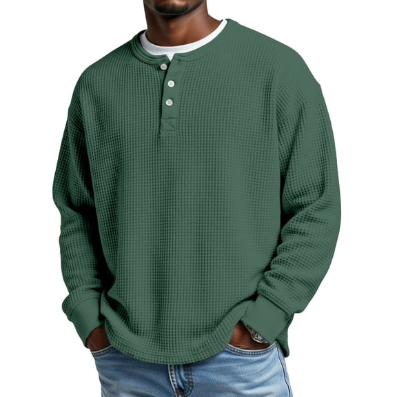 Domuza Waffle Henley Shirts for Men Button Down Long Sleeve Knitted Textured T Shirt Spring Fall 2026 Trendy Relaxed Fit Comfy Blouse Army Green 3XL