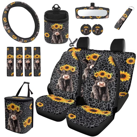 Uorisanigo Leopard Print Highland Cow Sunflower Car Seat Cover Full Set 15 PCS, with Wheel Covers Seatbelt Shoulder Pad Cupholder Coaster Trash Can Auto Air Vent Organizer Rearview Cover Key Chain