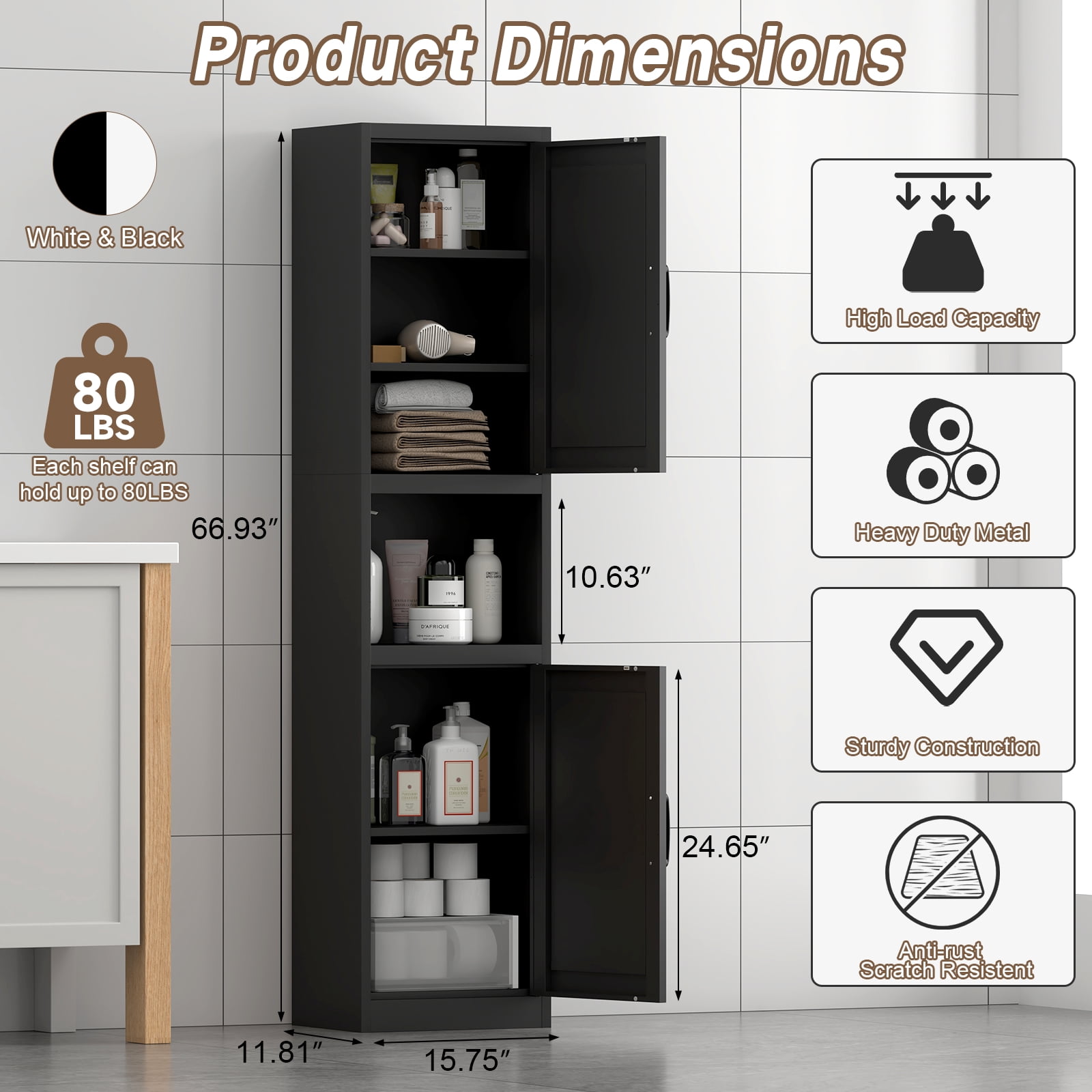 Marcree 67" Tall Bathroom Storage Cabinet, Metal Narrow Storage Cabinet with 2 Doors & 6 Shelves, Slim Skinny Cabinet for Linen, Pantry, Kitchen, Living Room & Home Office, Black