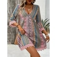 thumbnail image 3 of MORTTIC Women's Boho Print Mini Dress V-Neck 3/4 Sleeve Flowy Casual Summer Beach Sundress, XL, 3 of 6