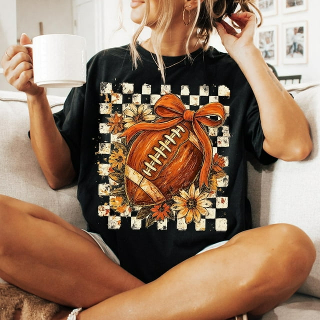 Fall Checker Football Shirt, Game Day Shirt Fall Vibes Shirt, Autumn Shirt Boho Floral Football Shirt Touchdown Season Shirt, Coquette Football Bow Shirt