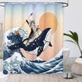 thumbnail image 5 of 4pcs Funny Cat Riding Shark Ocean Shower Curtain Set for Bathroom, 5 of 6