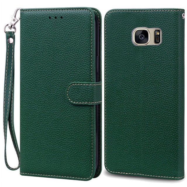 Étui S7Edge pour Samsung Galaxy Étui Portefeuille en Cuir pour Samsung Étui S7 Edge Couverture Souple à Rabat pour Samsung S7 Étui 7 Edge Vert Foncé - Sangle pour Samsung S7