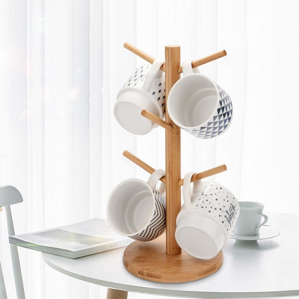 Coffee Mug Set with Stand 6 Cups Chrome Steel Rack Ceramic Mugs Dishwasher Safe 