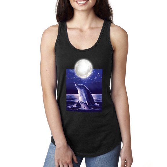 Nautical Full Moon Bottlenose Dolphin Fashion Ladies Racerback Tank Top, Black, Small