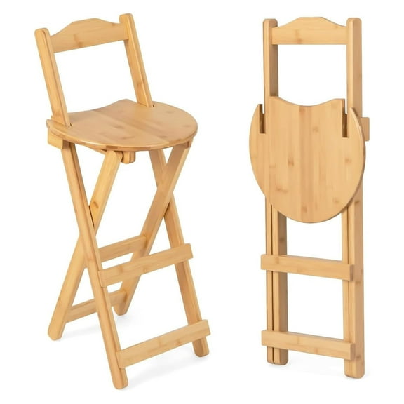 Buric Folding Stool with Backrest,Kitchen Counter Height Stool,Portable Collapsible Wooden Bar Stools,Folding Chair Footrest for Home Kitchen Breakfast-Natural