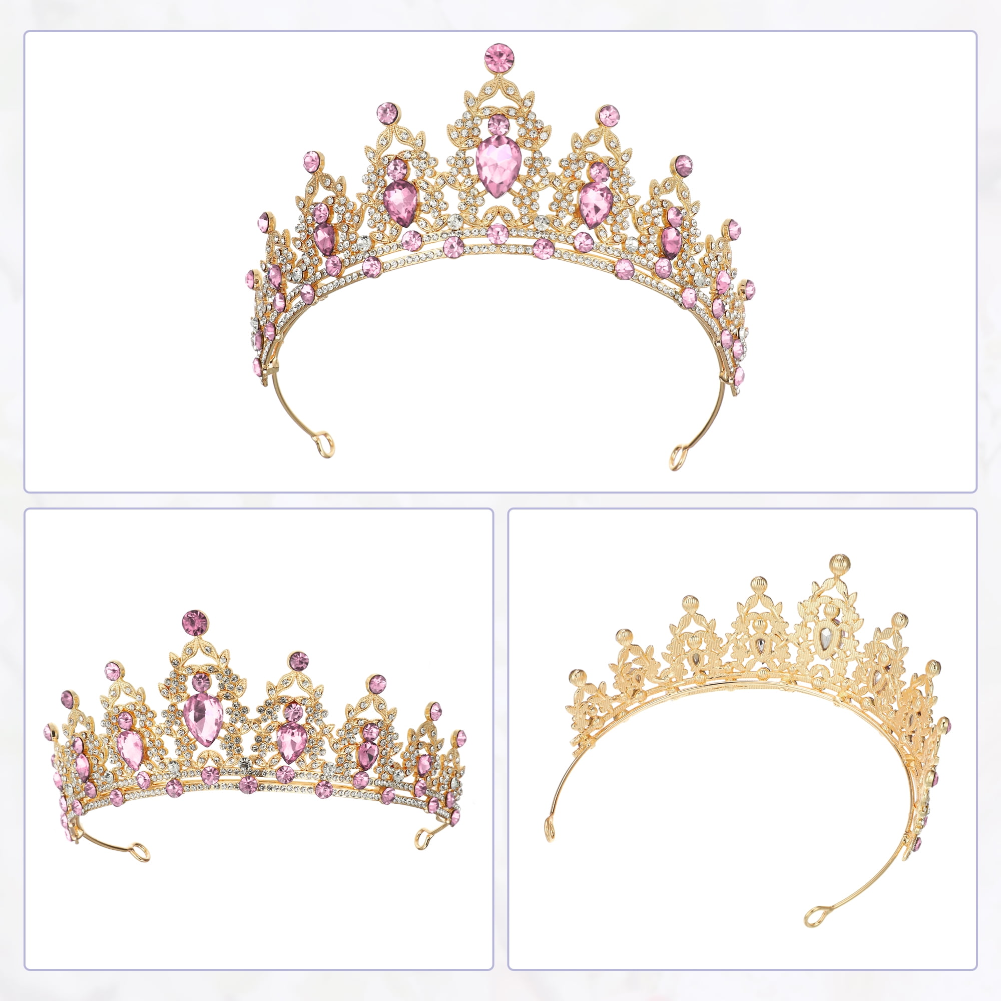 Unique Bargains Women Faux Crystal Queen Crown Tiara Rhinestone Gold Tone Light Pink