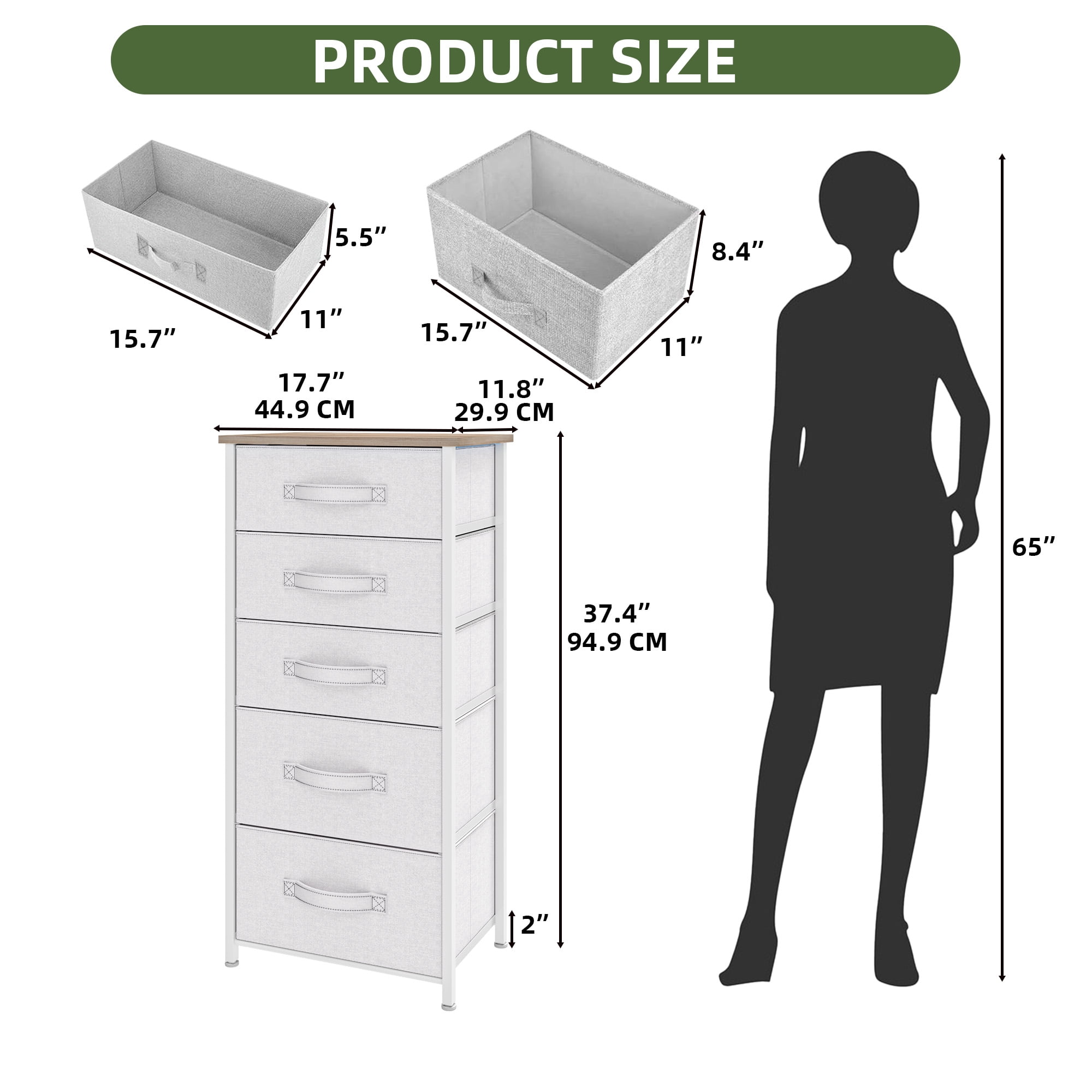 Uforic 5-Drawer Vertical Dresser,Fabric Storage Tower with Steel Frame and Wooden Top,Organizer Unit for Living Room and Hallway Light Gray