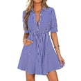 thumbnail image 2 of JoveMarine Cocktail Dresses for Women Striped Short Sleeve - V-Neck Button Up A-Line Shirt Dress for Office and Beach Party,Blue M, 2 of 8