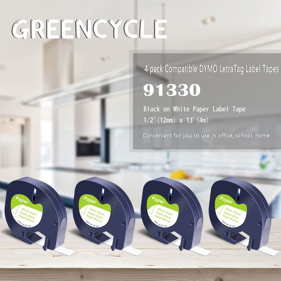 GREENCYCLE Self-Adhesive LetraTag Label Tape Compatible for DYMO (10697 91200 91220 91330 59421) Paper Black on White (12 mm x4 m, 1/2 inch x 13 Foot) 4 Pack