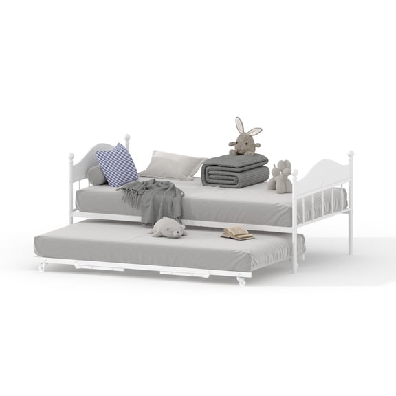 Daybed with Pop-Up Trundle Twin Size Metal Frame, Heavy Duty Steel Slats Platform Bed with Headboard Convertible Sofa Bed for Living Room Guest Room Brown