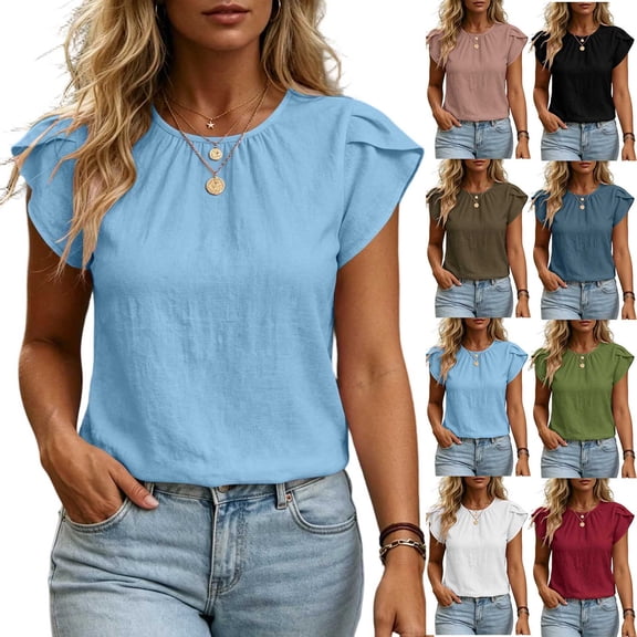 Women's Linen Tops Ihhxva Crew Neck Short Sleeve 2-in-1 Pleated Stretchable Cotton-Linen Flutter Sleeves Lightweight Casual Tunic Top S-3XL