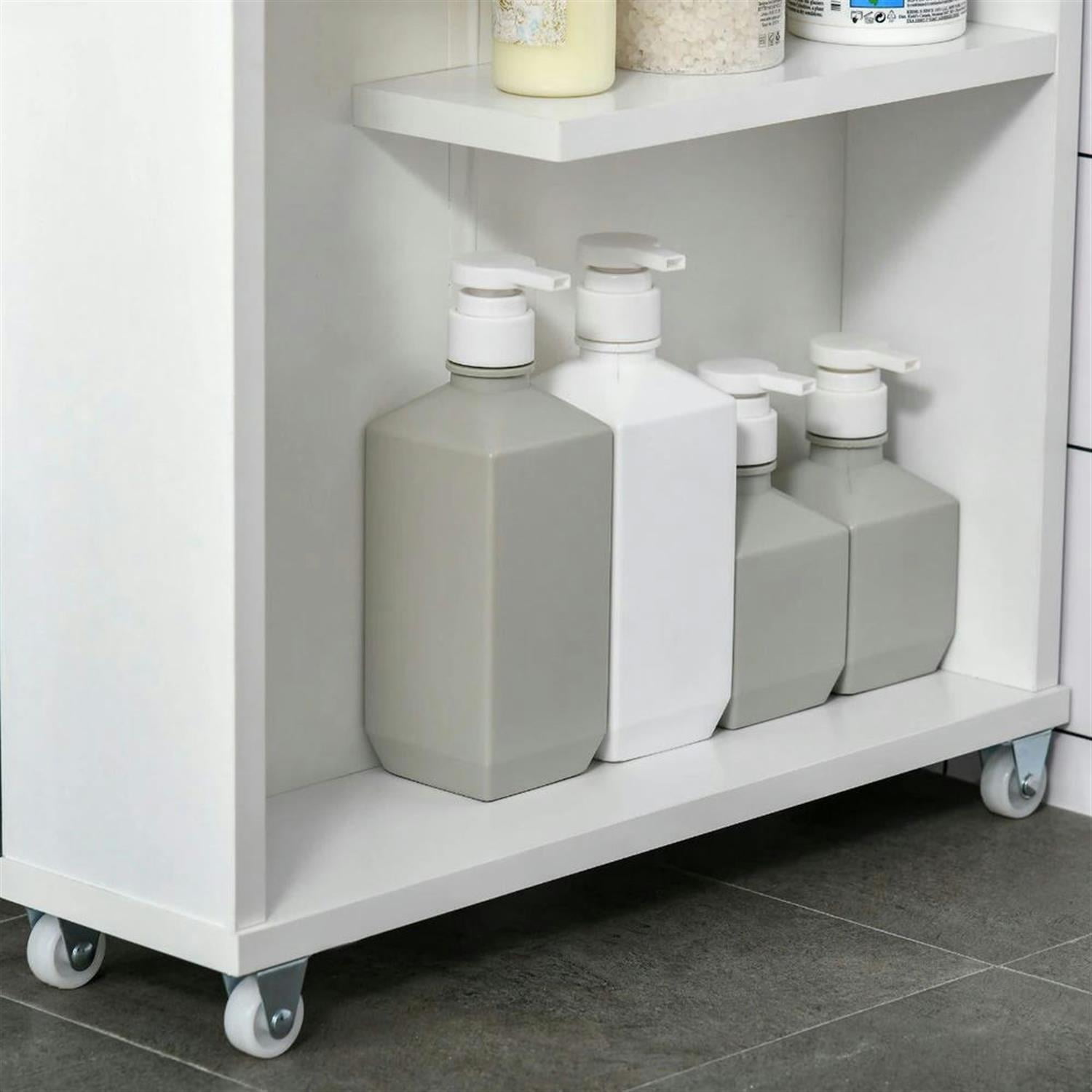 Demi Bonn 26" Rolling Narrow Bathroom Side Storage Cabinet with 4 Rolling Wheels and Shelves, Bathroom Storage Cabinet for Small Spaces, White