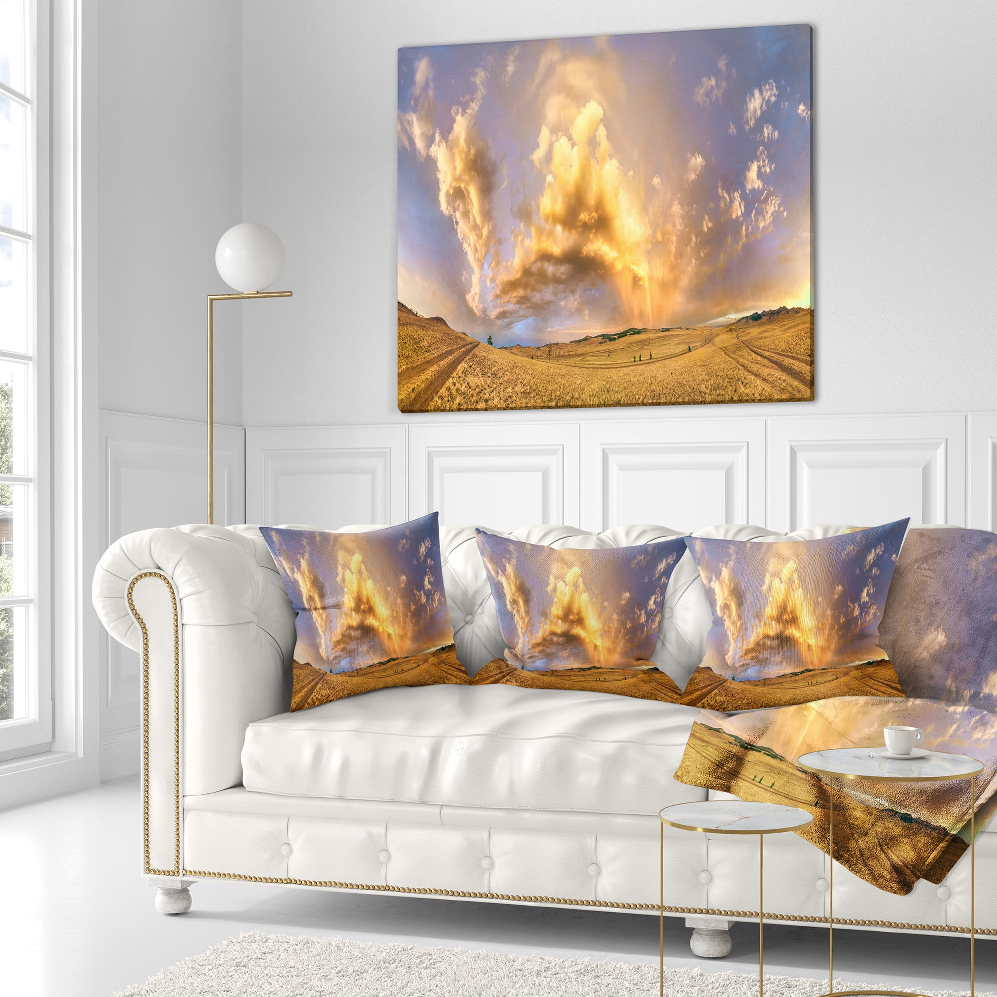 Designart Rainbow at Sunset After Storm - Landscape Photography Throw Pillow - 16x16
