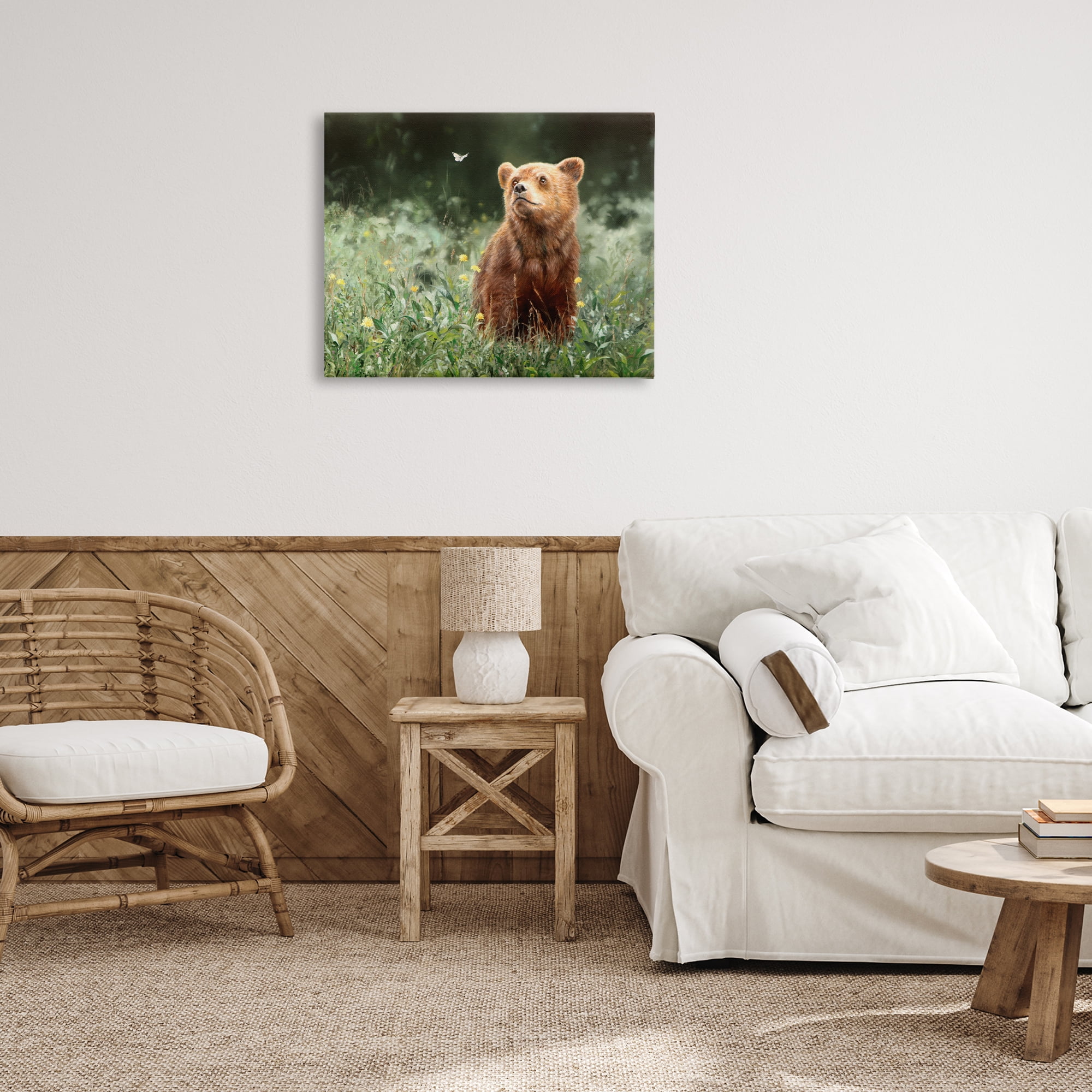 Stupell Industries Baby Bear & Butterfly Animals Painting Wrapped Canvas Art Print Wall Art, 30 x 24