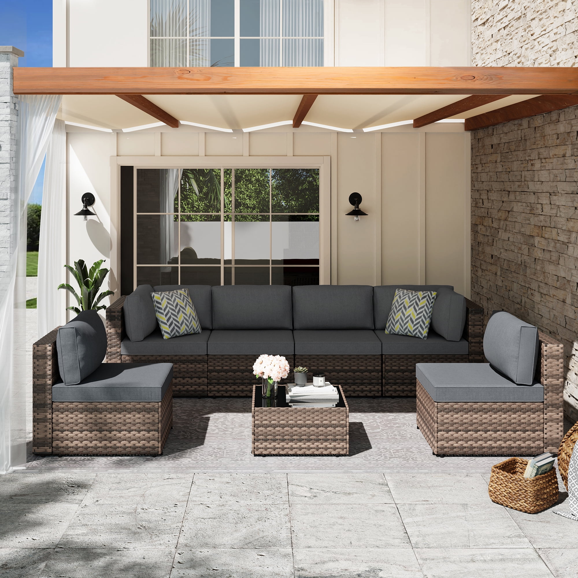 Walsunny 7 Piece Outdoor Patio Furniture Set, All-Weather PE Rattan Wicker Modular Sectional Conversation Sofa Set with Thick Cushions & Glass Coffee Table for Backyard, Poolside, Garden,Gray