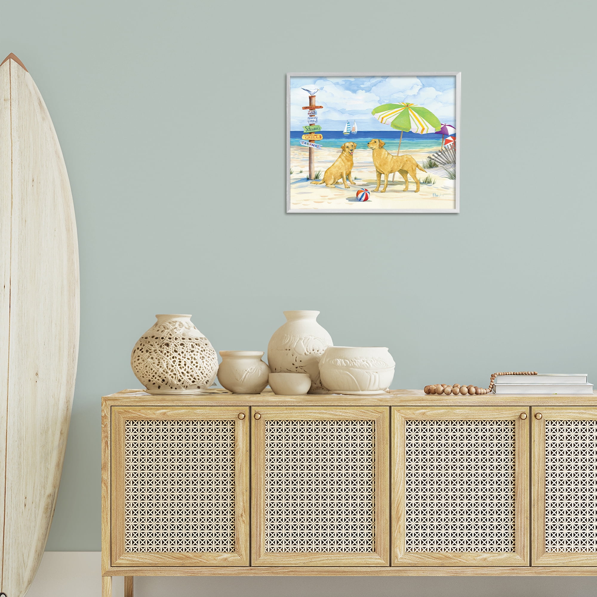 Stupell Industries Dog Beach Day Animals & Insects Painting White Framed Art Print Wall Art, 20 x 16