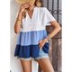 thumbnail image 4 of Top de verano para mujer, manga corta, cuello en V, botón frontal, bloque de color, dobladillo con volantes, Top para mujer azul L, 4 of 8