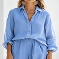 thumbnail image 3 of Morttic Women's 2 Piece Long Sleeve Button Down Shirt & Wide Leg Pants Set – Elegant Solid Color Casual Work Outfit Sky Blue，S, 3 of 6