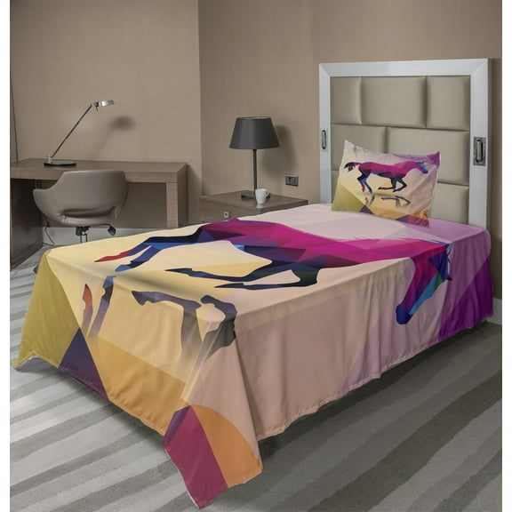 Ambesonne Abstract Fitted & Top Sheet Set with Sham, Geometric Horse Animal, Cream Pink Purple