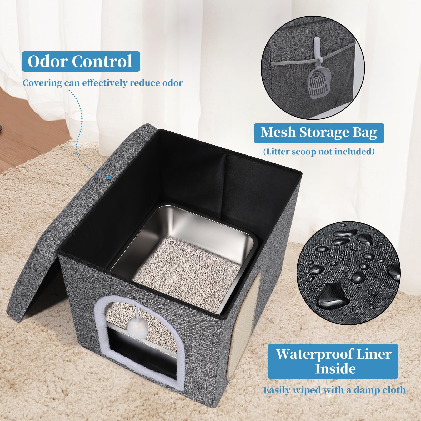 ZXMT Cat Litter Box Enclosure Furniture, Foldable Hidden Litter Box with Mesh Storage Bag, Litter Box Furniture with Waterproof Inside, Easy Clean