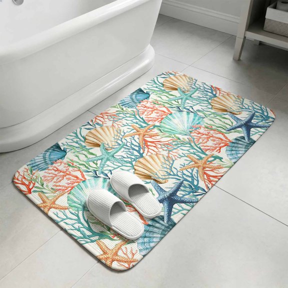 Blue Ocean Starfish Shell Door Mat,Indoor Outdoor Welcome Doormat Colorful Coral Nautical Coastal Absorbent Linen Front Door Mats Non-Slip Entrance Rug for Kitchen Bathroom Entryway,16x24in