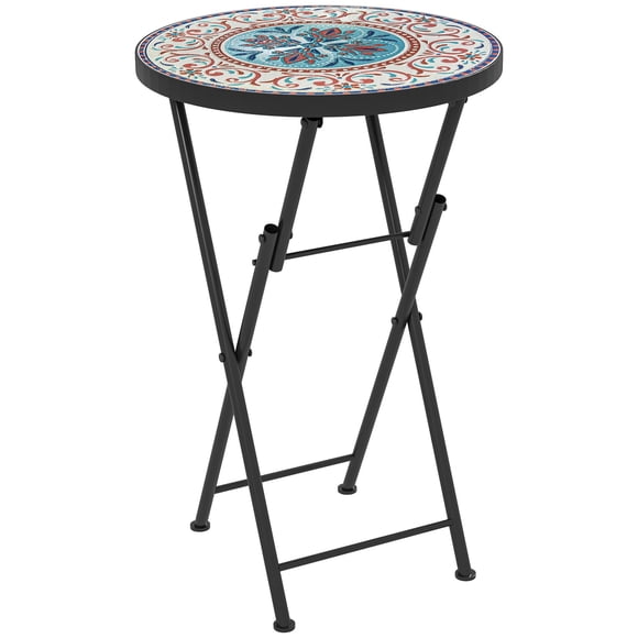 Mosaic Outdoor Patio Side Table, 14" Round Folding Ceramic Coffee Table with Powder-Coated Steel Frame, Multi-Color Plant Stand for Garden, Balcony, Deck and Terrace, 21.7" H