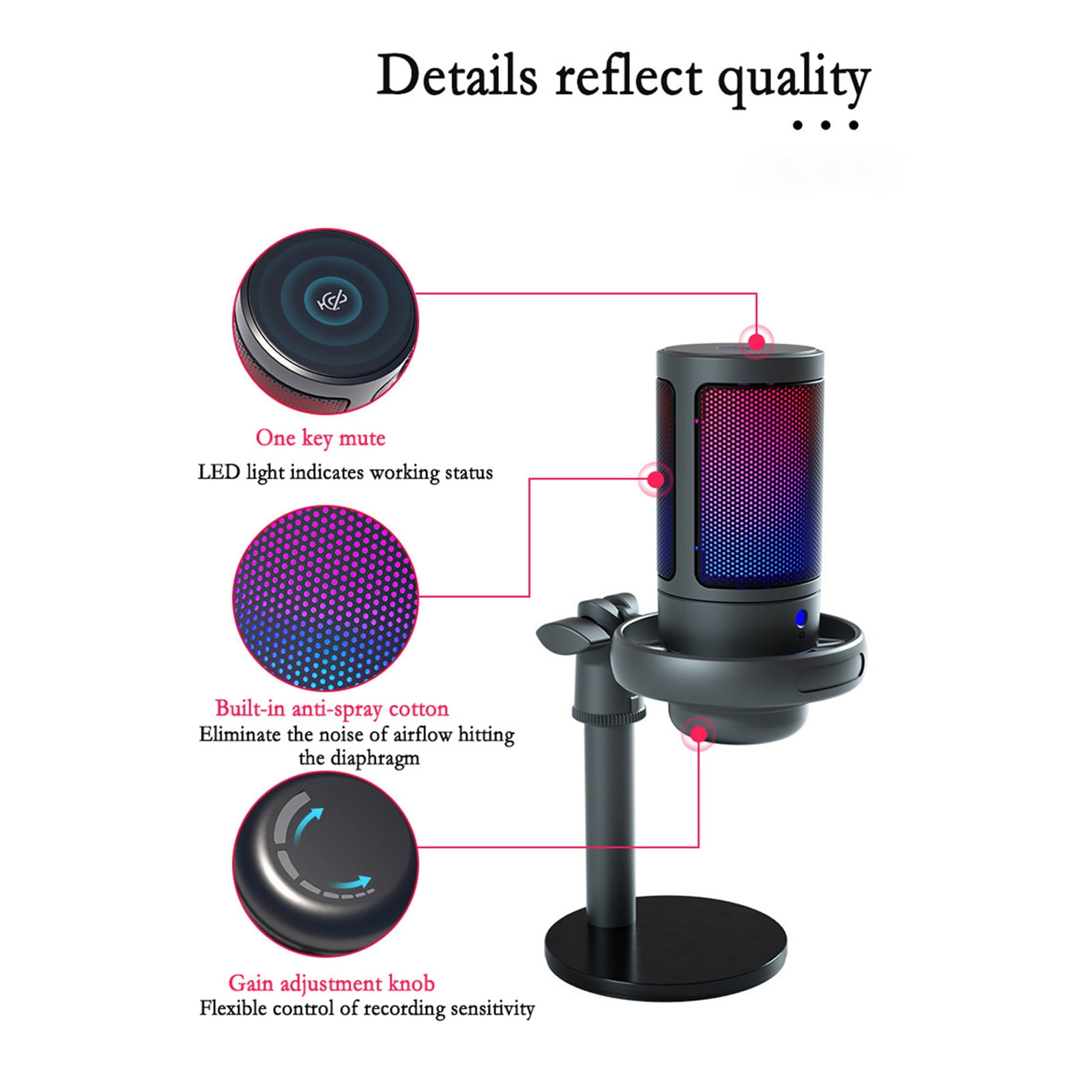 RUISINERY USB Microphone for piece Gaming Color Lighting Mic Mute Button Condenser with Knob Solid Base